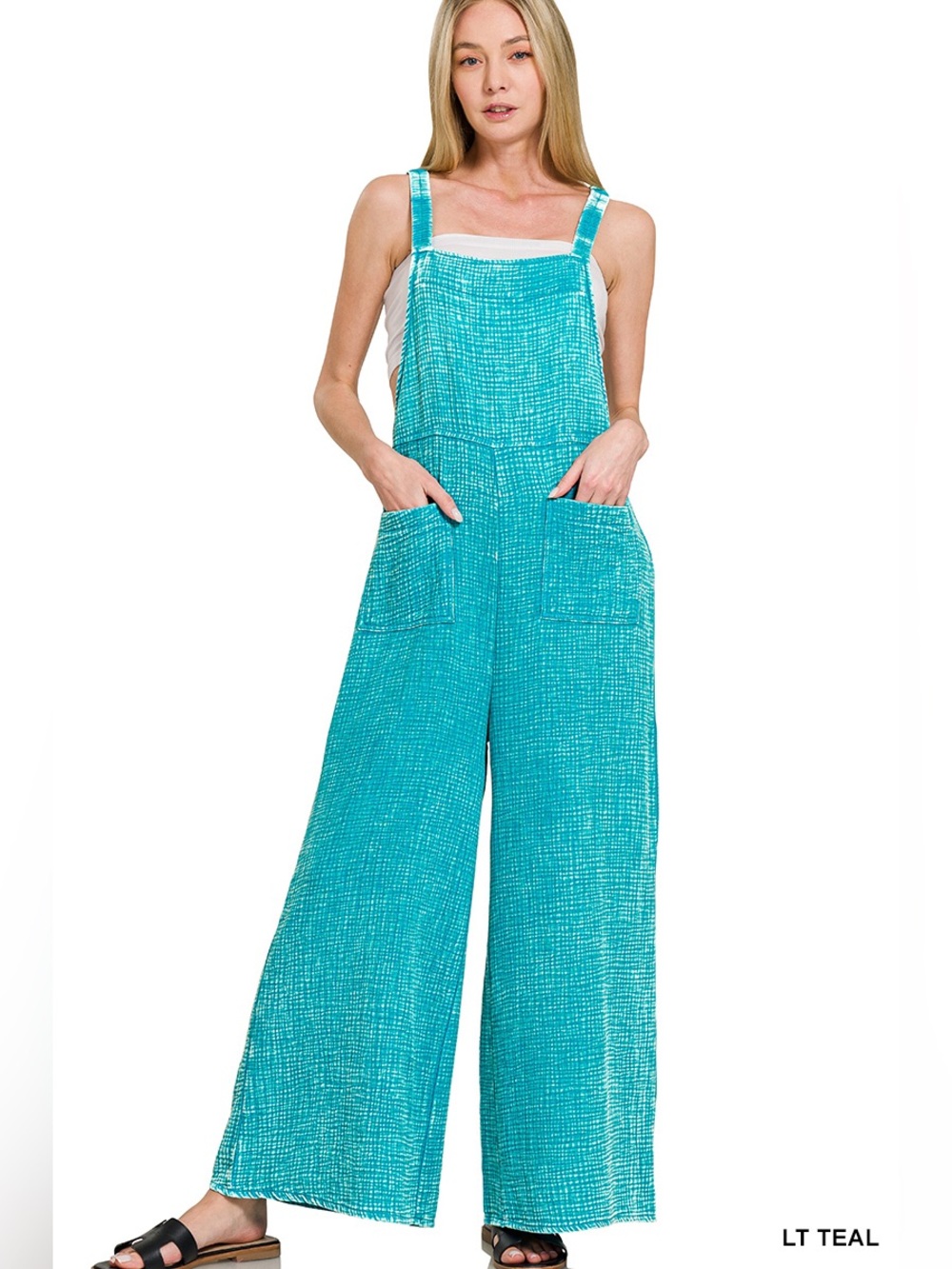 Zenana Turquoise WASHED DOUBLE GAUZE ELASTIC WAIST WIDE LEG OVERALLS